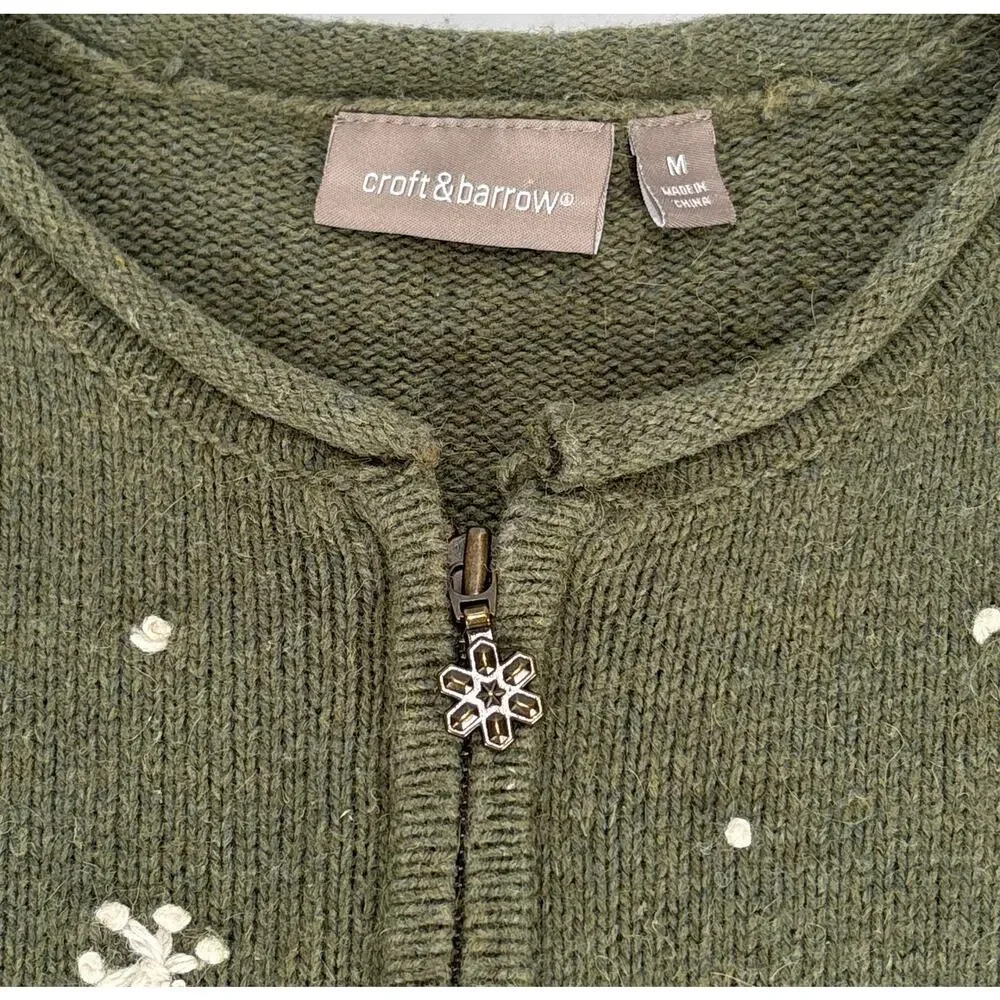 Croft & Barrow Christmas Cardigan Snowman Sweater Green MED Full Zip Grannycore